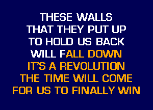 THESE WALLS
THAT THEY PUT UP
TO HOLD US BACK
WILL FALL DOWN
IT'S A REVOLUTION

THE TIME WILL COME
FOR US TO FINALLY WIN