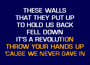 THESE WALLS
THAT THEY PUT UP
TO HOLD US BACK

FELL DOWN
IT'S A REVOLUTION

THROW YOUR HANDS UP
'CAUSE WE NEVER GAVE IN
