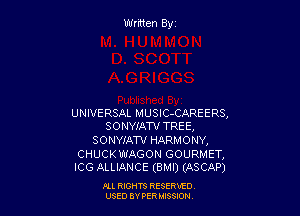 UNIVERSAL MUSIC-CAREERS,
SONYIATV TREE,

SONYIAW HARMONY,

CHUCKWAGON GOURMET,
ICG ALLIANCE (BMI) (ASCAP)

Ill WIS RESERVfO
USED BY PER IBSSDN