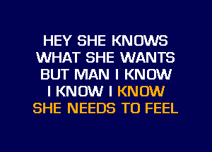 HEY SHE KNOWS
WHAT SHE WANTS
BUT MAN I KNOW
I KNOW I KNOW
SHE NEEDS TO FEEL

g