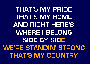 THAT'S MY PRIDE
THAT'S MY HOME
AND RIGHT HERES
WHERE I BELONG
SIDE BY SIDE
WERE STANDIN' STRONG
THAT'S MY COUNTRY