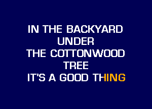 IN THE BACKYARD
UNDER
THE COTTONWODD
TREE
IT'S A GOOD THING

g