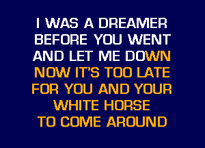 I WAS A DREAMER
BEFORE YOU WENT
AND LET ME DOWN
NOW IT'S TOO LATE
FOR YOU AND YOUR
WHITE HORSE

TO COME AROUND l