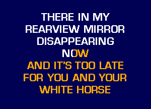 THERE IN MY
REARVIEW MIRROR
DISAPPEARING
NOW
AND IT'S TOO LATE
FOR YOU AND YOUR

WHITE HORSE l