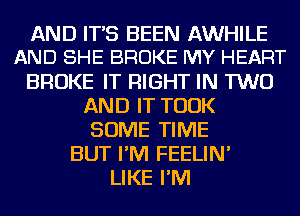 AND IT'S BEEN AWHILE
AND SHE BROKE MY HEART
BROKE IT RIGHT IN TWO
AND IT TOOK
SOME TIME
BUT I'M FEELIN'

LIKE I'M