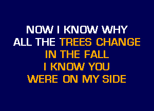 NOW I KNOW WHY
ALL THE TREES CHANGE
IN THE FALL
I KNOW YOU
WERE ON MY SIDE