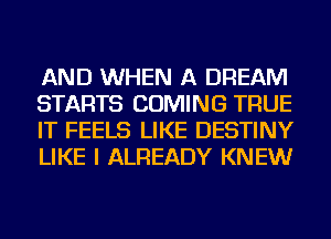 AND WHEN A DREAM
STARTS COMING TRUE
IT FEELS LIKE DESTINY
LIKE I ALREADY KNEW