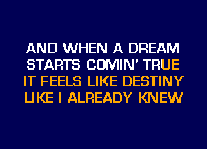 AND WHEN A DREAM
STARTS COMIN' TRUE
IT FEELS LIKE DESTINY
LIKE I ALREADY KNEW