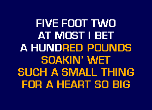 FIVE FOOT TWO
AT MOST I BET
A HUNDRED POUNDS
SOAKIN' WET
SUCH A SMALL THING
FOR A HEART SO BIG