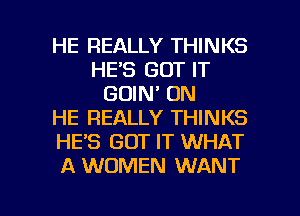 HE REALLY THINKS
HE'S GOT IT
GOIN' 0N
HE REALLY THINKS
HE'S GOT IT WHAT
A WOMEN WANT

g