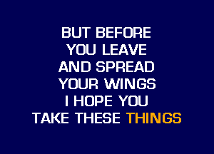 BUT BEFORE
YOU LEAVE
AND SPREAD
YOUR WINGS
I HOPE YOU
TAKE THESE THINGS