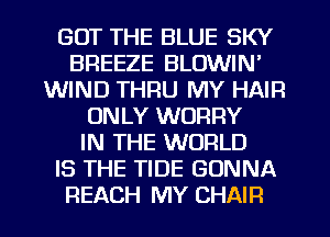 GOT THE BLUE SKY
BREEZE BLOWIN'
WIND THRU MY HAIR
ONLY WORRY
IN THE WORLD
IS THE TIDE GONNA
REACH MY CHAIR