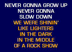 NEVER GONNA GROW UP
NEVER GONNA
SLOW DOWN
WE WERE SHININ'
LIKE LIGHTERS
IN THE DARK
IN THE MIDDLE
OF A ROCK SHOW