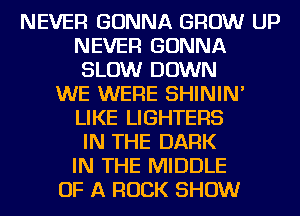 NEVER GONNA GROW UP
NEVER GONNA
SLOW DOWN
WE WERE SHININ'
LIKE LIGHTEFlS
IN THE DARK
IN THE MIDDLE
OF A ROCK SHOW