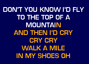 DON'T YOU KNOW I'D FLY
TO THE TOP OF A
MOUNTAIN
AND THEN I'D CRY
CRY CRY
WALK A MILE
IN MY SHOES 0H