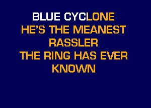 BLUE CYCLONE
HES THE MEANEST
RASSLER
THE RING HAS EVER
KNOWN
