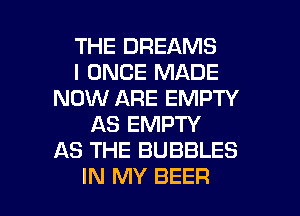 THE DREAMS
I ONCE MADE
NOW ARE EMPTY
AS EMPTY
AS THE BUBBLES

IN MY BEER l