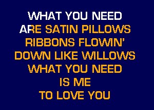 WHAT YOU NEED
ARE SATIN PILLOWS
RIBBONS FLOININ'
DOWN LIKE VVILLOWS
WHAT YOU NEED
IS ME
TO LOVE YOU