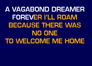 A VAGABOND DREAMER
FOREVER I'LL ROAM
BECAUSE THERE WAS
NO ONE
TO WELCOME ME HOME