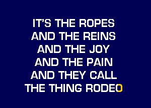 IT'S THE ROPES
AND THE REINS
AND THE JOY
AND THE PAIN
AND THEY CALL

THE THING RODEO l