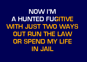 NOW I'M
A HUNTED FUGITIVE
WITH JUST TWO WAYS
OUT RUN THE LAW
0R SPEND MY LIFE
IN JAIL