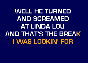 WELL HE TURNED
AND SCREAMED
AT LINDA LOU
AND THAT'S THE BREAK
I WAS LOOKIN' FOR