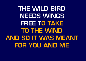 THE WILD BIRD
NEEDS WINGS
FREE TO TAKE
TO THE WIND

AND 80 IT WAS MEANT
FOR YOU AND ME