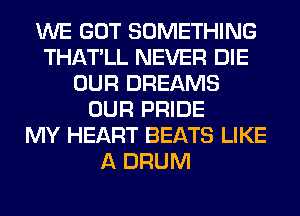 WE GOT SOMETHING
THATLL NEVER DIE
OUR DREAMS
OUR PRIDE
MY HEART BEATS LIKE
A DRUM