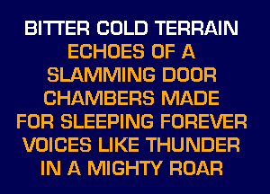BITTER COLD TERRAIN
ECHOES OF A
SLAMMING DOOR
CHAMBERS MADE
FOR SLEEPING FOREVER
VOICES LIKE THUNDER
IN A MIGHTY ROAR