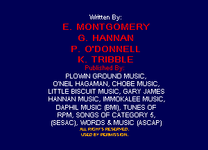 Written Byz

PLCIWIN GROUND MUSIC.
O'NEIL HAGAMAN, CHOBE MUSIC.
LITTLE BISCUIT MUSIC, GARY JAMES
HANNAN MUSIC, IMMOKALEE MUSlC,
DAPHIL MUSIC (BMI), TUNES 0F
RPM, SONGS OF CATEGORY 5,
(SESAC), WORDS 5. MUSIC (ASCAP)

nu. RCN' KW.

U'LDI' mun)