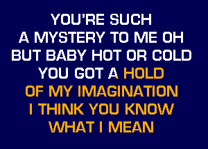 YOU'RE SUCH
A MYSTERY TO ME 0H
BUT BABY HOT 0R COLD
YOU GOT A HOLD
OF MY IMAGINATION
I THINK YOU KNOW
WHAT I MEAN