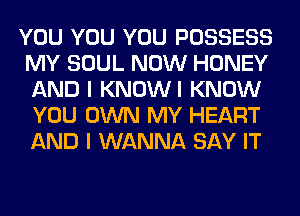 YOU YOU YOU POSSESS
MY SOUL NOW HONEY
AND I KNOWI KNOW
YOU OWN MY HEART
AND I WANNA SAY IT