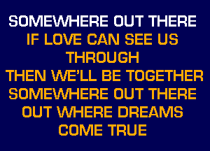 SOMEINHERE OUT THERE
IF LOVE CAN SEE US
THROUGH
THEN WE'LL BE TOGETHER
SOMEINHERE OUT THERE
OUT WHERE DREAMS
COME TRUE