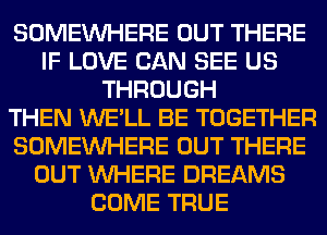 SOMEINHERE OUT THERE
IF LOVE CAN SEE US
THROUGH
THEN WE'LL BE TOGETHER
SOMEINHERE OUT THERE
OUT WHERE DREAMS
COME TRUE