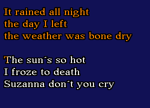 It rained all night
the day I left
the weather was bone dry

The sun's so hot
I froze to death
Suzanna don't you cry