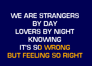 WE ARE STRANGERS
BY DAY
LOVERS BY NIGHT
KNOUVING
ITS SO WRONG
BUT FEELING SO RIGHT