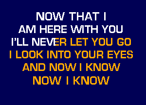 NOW THAT I
AM HERE WITH YOU
PLL NEVER LET YOU GO
I LOOK INTO YOUR EYES
AND NOWI KNOW

NOW I KNOW