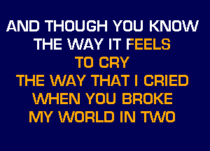 AND THOUGH YOU KNOW
THE WAY IT FEELS
T0 CRY
THE WAY THAT I CRIED
WHEN YOU BROKE
MY WORLD IN TWO