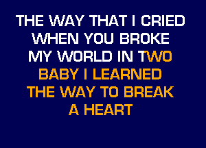 THE WAY THAT I CRIED
WHEN YOU BROKE
MY WORLD IN TWO

BABY I LEARNED
THE WAY TO BREAK
A HEART