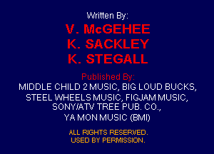 Written Byi

MIDDLE CHILD 2 MUSIC, BIG LOUD BUCKS,

STEEL WHEELS MUSIC, FIGJAM MUSIC,
SONYIATV TREE PUB. 00.,

YA MON MUSIC (BMI)

ALL RIGHTS RESERVED.
USED BY PERMISSION.