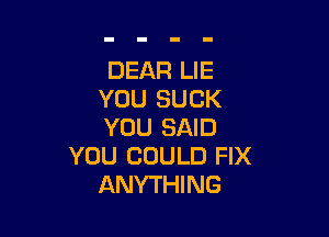 DEAR LIE
YOU SUCK

YOU SAID
YOU COULD FIX
ANYTHING