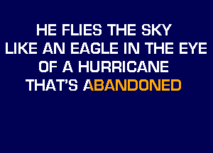 HE FLIES THE SKY
LIKE AN EAGLE IN THE EYE
OF A HURRICANE
THAT'S ABANDONED