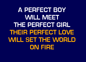 A PERFECT BOY
WILL MEET
THE PERFECT GIRL
THEIR PERFECT LOVE
WILL SET THE WORLD
ON FIRE