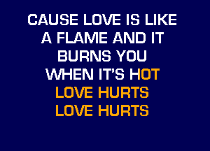 CAUSE LOVE IS LIKE
A FLAME AND IT
BURNS YOU
WHEN ITS HOT
LOVE HURTS
LOVE HURTS