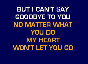 BUT I CAN'T SAY
GOODBYE TO YOU
NO MATTER WHAT

YOU DO
MY HEART
WON'T LET YOU GO