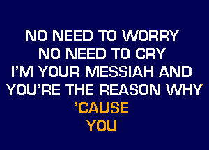 NO NEED TO WORRY
NO NEED TO CRY
I'M YOUR MESSIAH AND
YOU'RE THE REASON WHY
'CAUSE
YOU