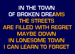 IN THE TOWN
OF BROKEN DREAMS
THE STREETS
ARE FILLED WITH REGRET
MAYBE DOWN
IN LONESOME TOWN
I CAN LEARN TO FORGET
