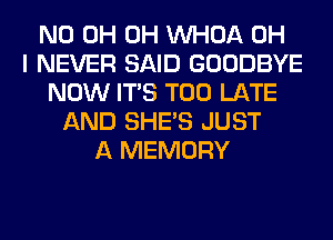 ND 0H 0H VVHOA OH
I NEVER SAID GOODBYE
NOW ITS TOO LATE
AND SHE'S JUST
A MEMORY
