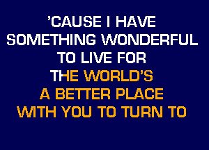 'CAUSE I HAVE
SOMETHING WONDERFUL
TO LIVE FOR
THE WORLD'S
A BETTER PLACE
WITH YOU TO TURN T0