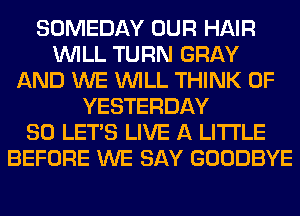 SOMEDAY OUR HAIR
WILL TURN GRAY
AND WE WILL THINK OF
YESTERDAY
SO LET'S LIVE A LITTLE
BEFORE WE SAY GOODBYE